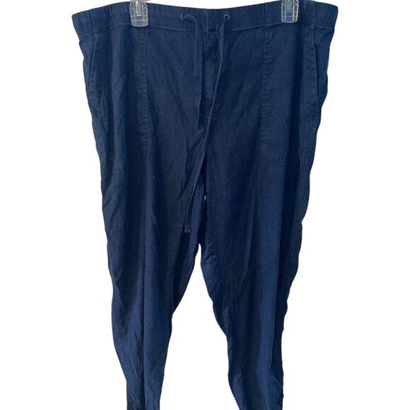 Lou & Grey Pants Sz XL Blue Linen Viscose Zip Front Drawstring Stretch Waist - Picture 1 of 9